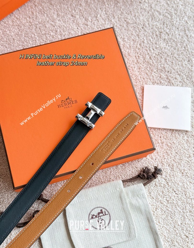 Hermes Womens Fibbia da Cintura H Infini Reversible Leather Belt 2.4cm Brown/Silver 2025 0617 (99-250617089)