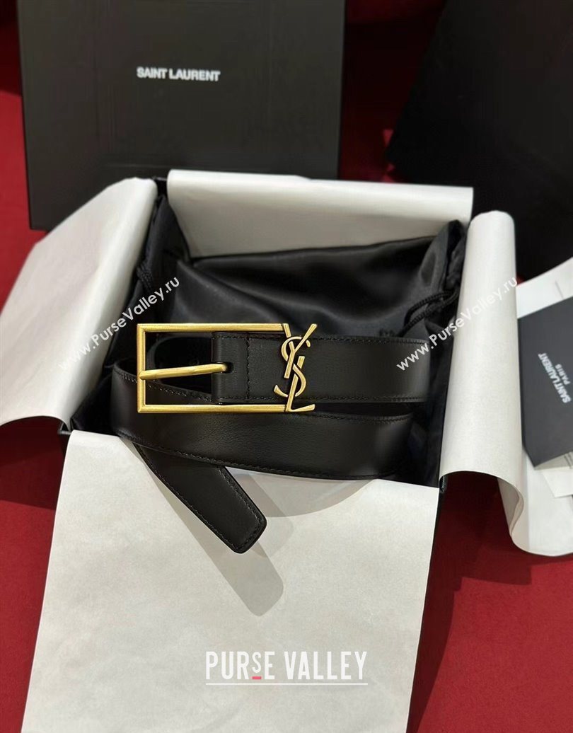 Saint Laurent New Cassandre Belt 3cm in Calf Leather Black/Gold 2025 0617 (99-250617105)