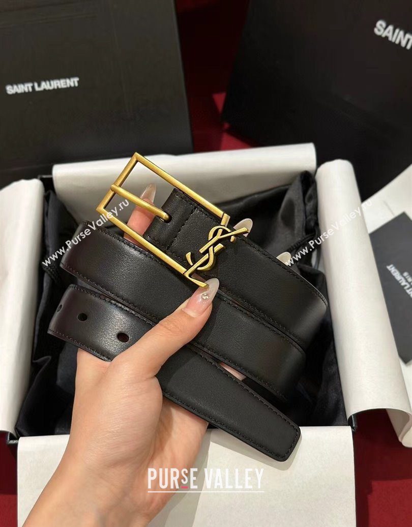 Saint Laurent New Cassandre Belt 3cm in Calf Leather Black/Gold 2025 0617 (99-250617105)