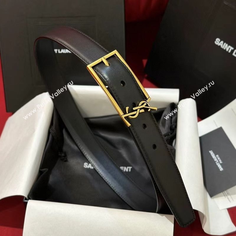 Saint Laurent New Cassandre Belt 3cm in Calf Leather Black/Gold 2025 0617 (99-250617105)