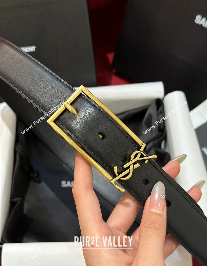 Saint Laurent New Cassandre Belt 3cm in Calf Leather Black/Gold 2025 0617 (99-250617105)