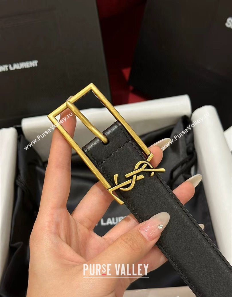 Saint Laurent New Cassandre Belt 3cm in Calf Leather Black/Gold 2025 0617 (99-250617105)