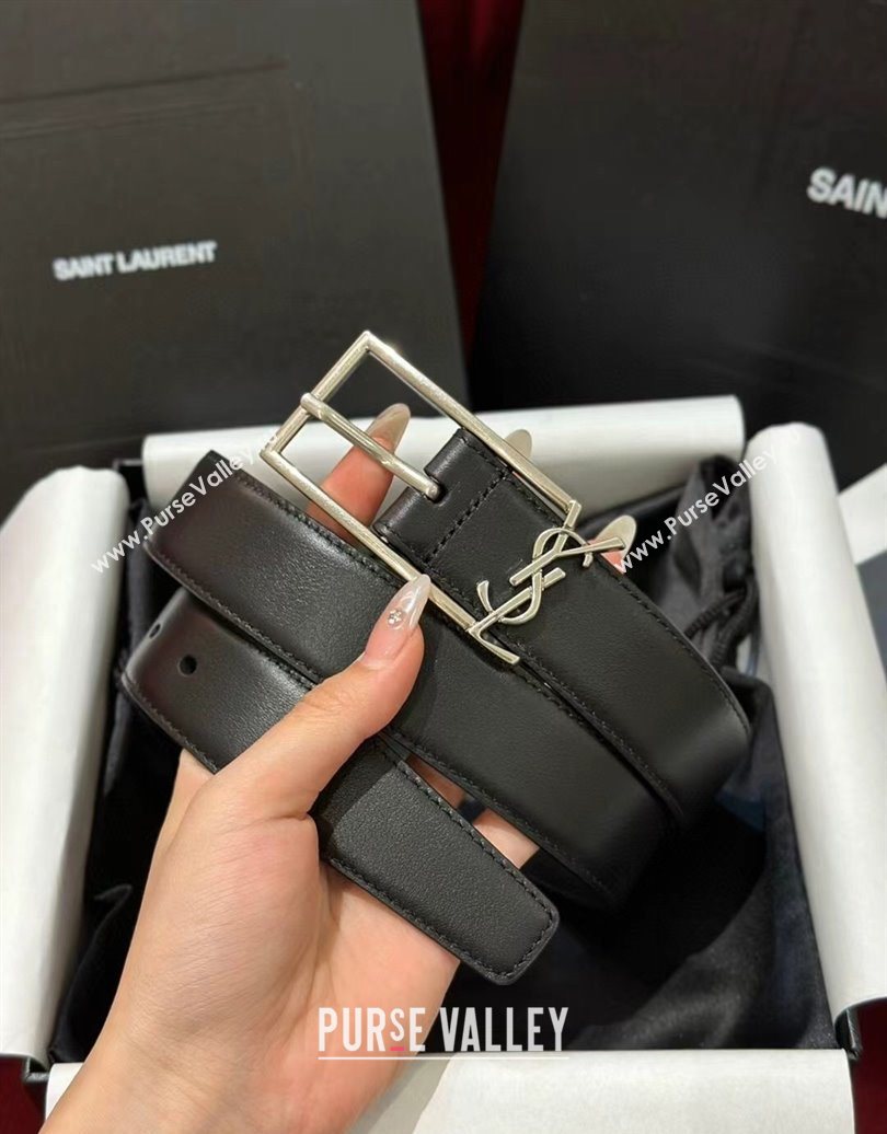 Saint Laurent New Cassandre Belt 3cm in Calf Leather Black/Silver 2025 0617 (99-250617106)