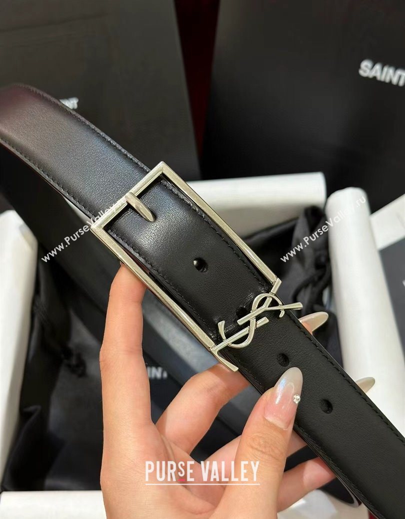 Saint Laurent New Cassandre Belt 3cm in Calf Leather Black/Silver 2025 0617 (99-250617106)