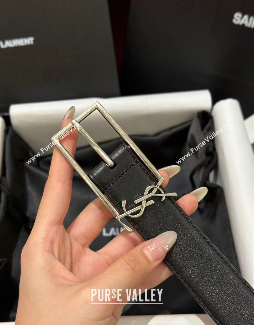Saint Laurent New Cassandre Belt 3cm in Calf Leather Black/Silver 2025 0617 (99-250617106)