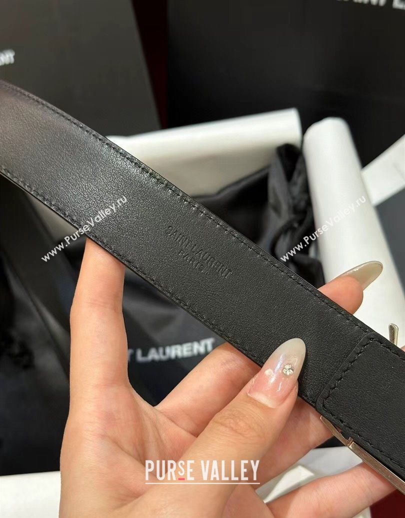 Saint Laurent New Cassandre Belt 3cm in Calf Leather Black/Silver 2025 0617 (99-250617106)