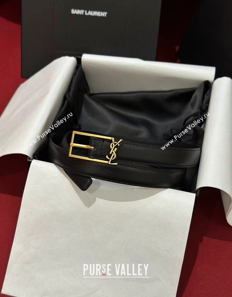 Saint Laurent New Cassandre Belt 2cm in Calf Leather Black/Gold 2025 0617 (99-250617107)