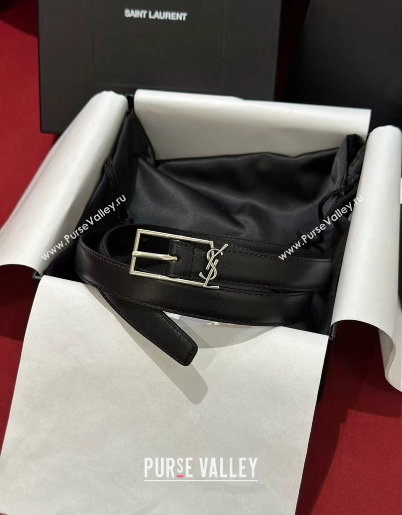 Saint Laurent New Cassandre Belt 2cm in Calf Leather Black/Silver 2025 0617 (99-250617108)