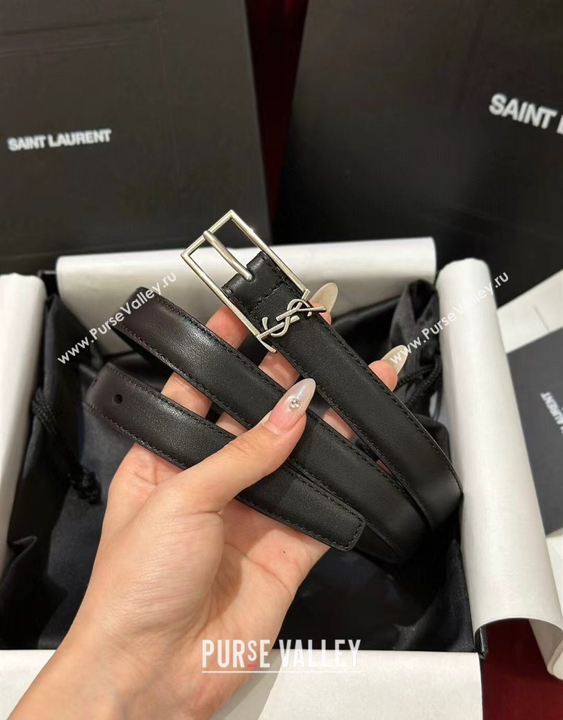 Saint Laurent New Cassandre Belt 2cm in Calf Leather Black/Silver 2025 0617 (99-250617108)