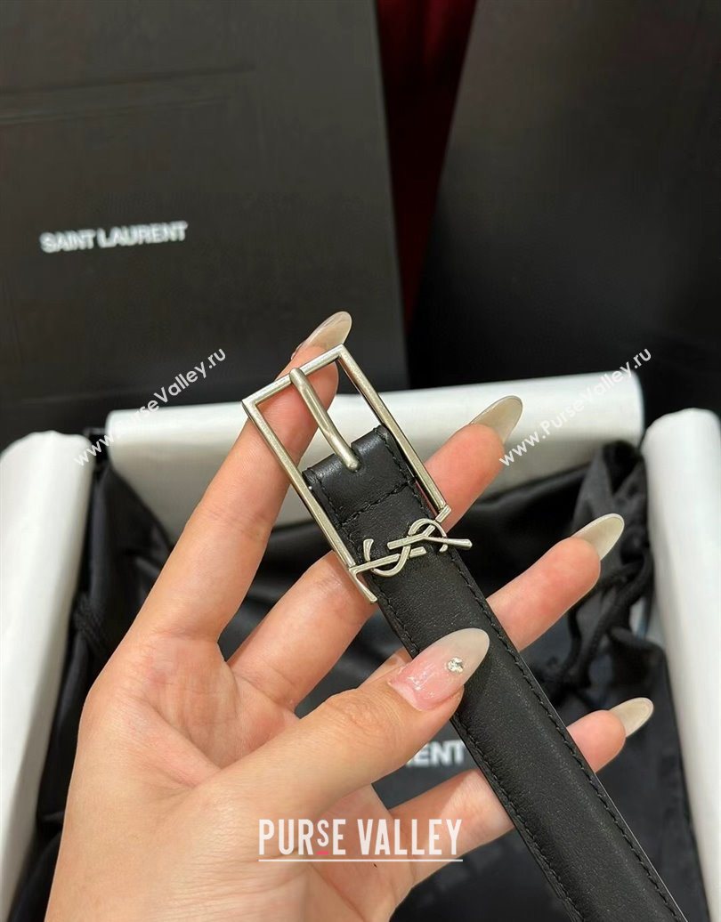 Saint Laurent New Cassandre Belt 2cm in Calf Leather Black/Silver 2025 0617 (99-250617108)