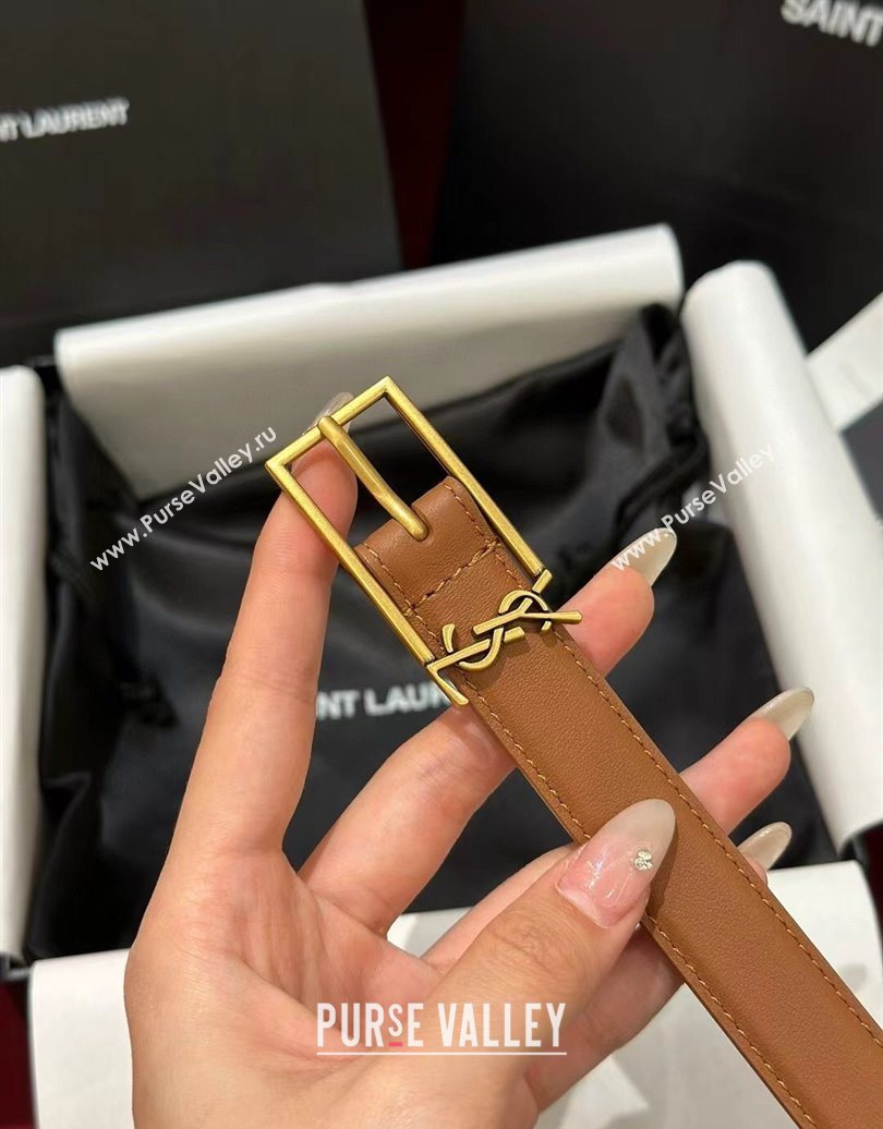 Saint Laurent New Cassandre Belt 2cm in Calf Leather Brown 2025 0617 (99-250617114)