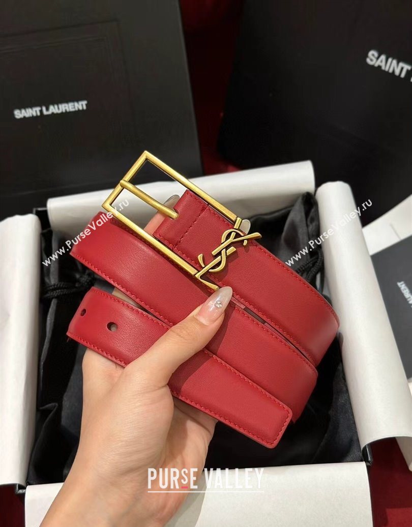 Saint Laurent New Cassandre Belt 3cm in Calf Leather Red 2025 0617 (99-250617115)