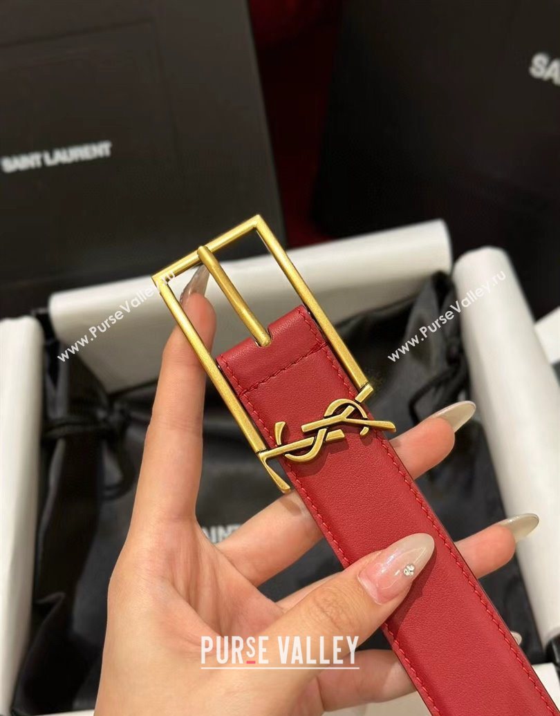 Saint Laurent New Cassandre Belt 3cm in Calf Leather Red 2025 0617 (99-250617115)