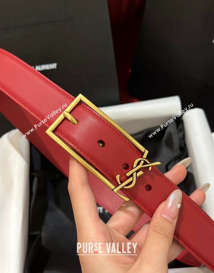 Saint Laurent New Cassandre Belt 3cm in Calf Leather Red 2025 0617 (99-250617115)