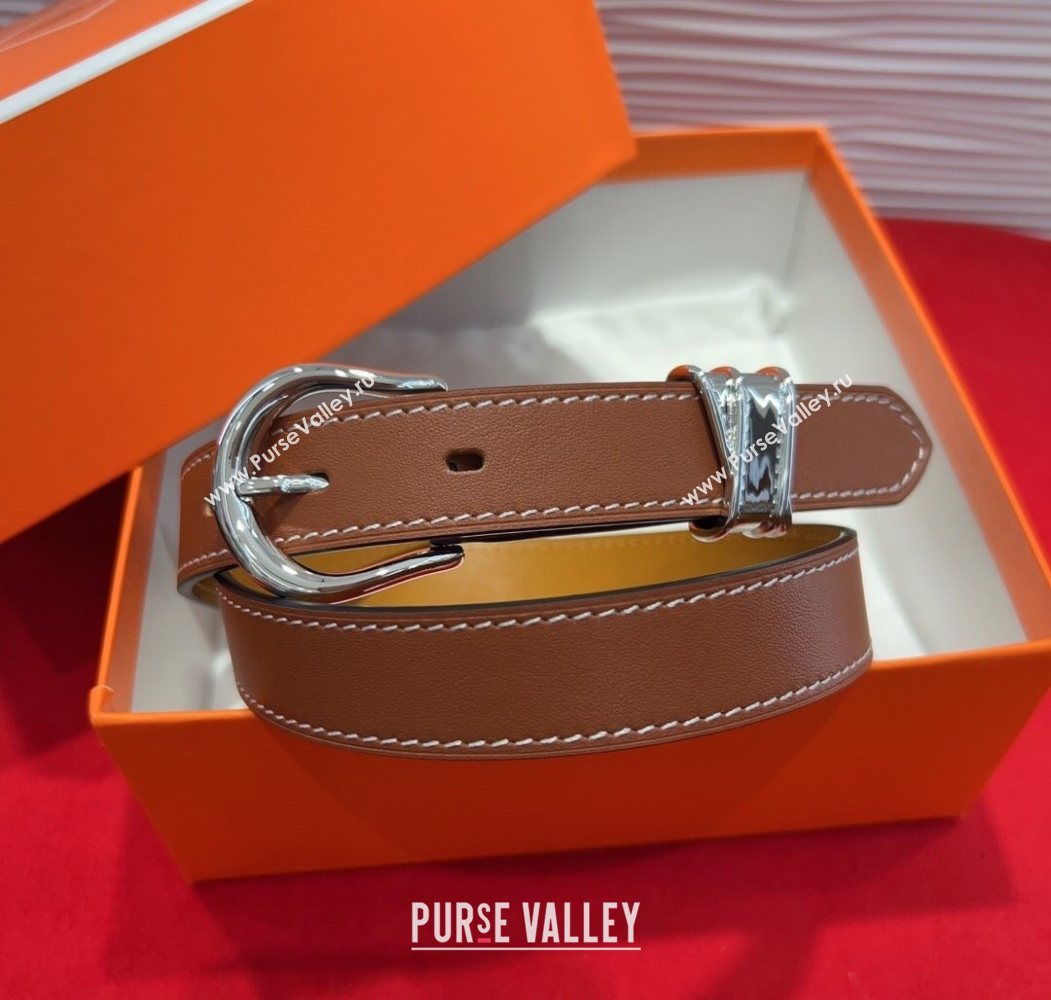 Hermes Ecuyere Leather Belt 2.4cm Brown/Silver 2025 0617 (99-250617098)