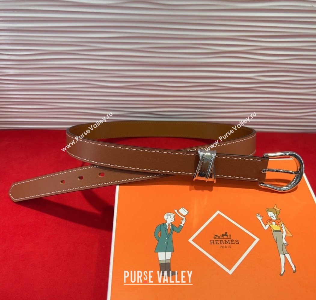 Hermes Ecuyere Leather Belt 2.4cm Brown/Silver 2025 0617 (99-250617098)