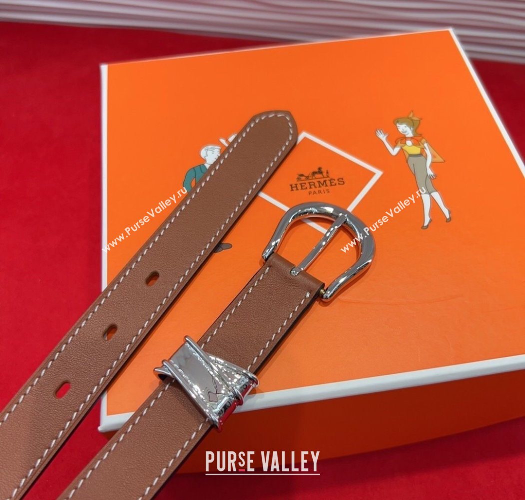 Hermes Ecuyere Leather Belt 2.4cm Brown/Silver 2025 0617 (99-250617098)