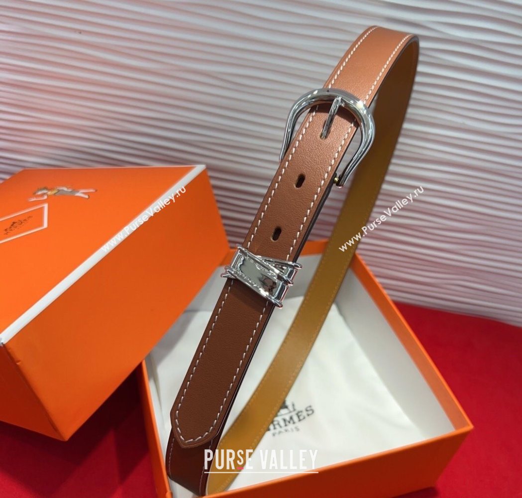 Hermes Ecuyere Leather Belt 2.4cm Brown/Silver 2025 0617 (99-250617098)