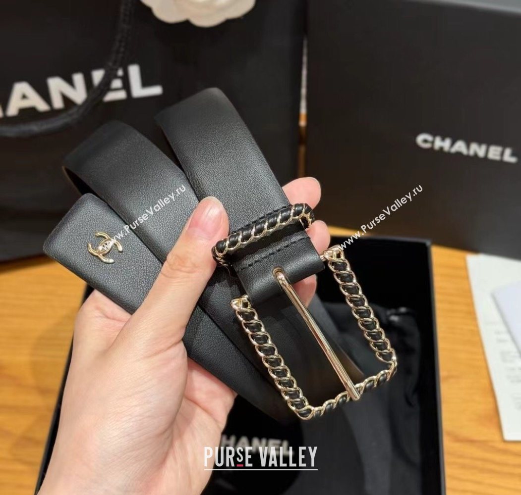 Chanel Calfskin Belt 3cm with Chain and Pin Buckle Black Leather 2025 AAA600 (99-250617140)