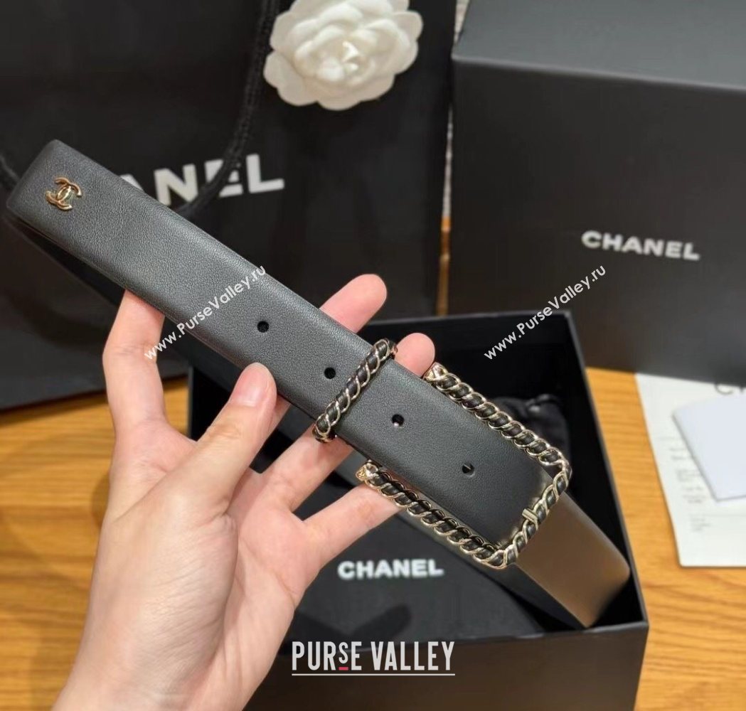 Chanel Calfskin Belt 3cm with Chain and Pin Buckle Black Leather 2025 AAA600 (99-250617140)