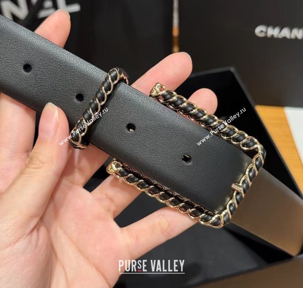 Chanel Calfskin Belt 3cm with Chain and Pin Buckle Black Leather 2025 AAA600 (99-250617140)