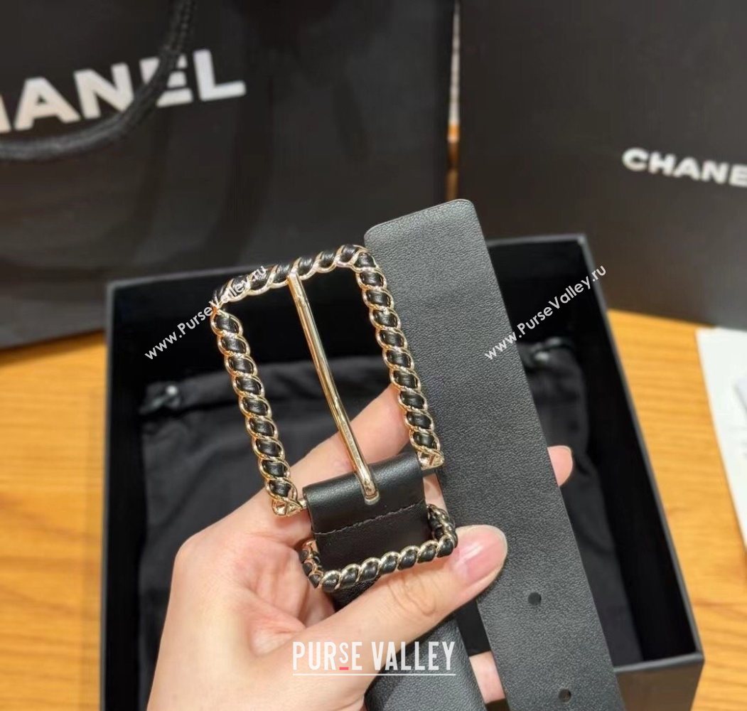 Chanel Calfskin Belt 3cm with Chain and Pin Buckle Black Leather 2025 AAA600 (99-250617140)