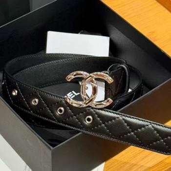 Chanel Black Lambskin Belt 3cm with Quilted CC Buckle Black/Silver 2025 0617 (99-250617145)