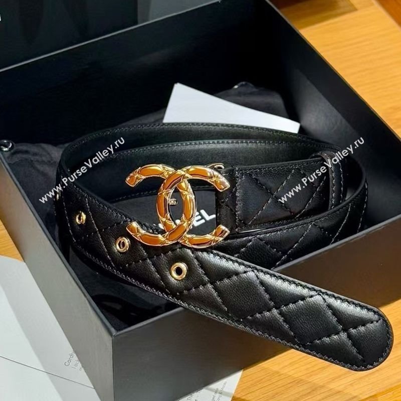 Chanel Black Lambskin Belt 3cm with Quilted CC Buckle Black/Shiny Gold 2025 0617 (99-250617146)