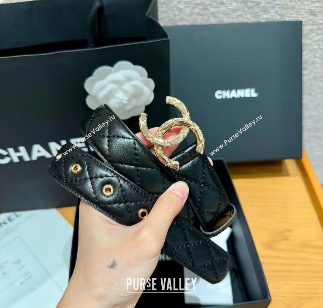 Chanel Black Lambskin Belt 3cm with Quilted CC Buckle Black/Shiny Gold 2025 0617 (99-250617146)