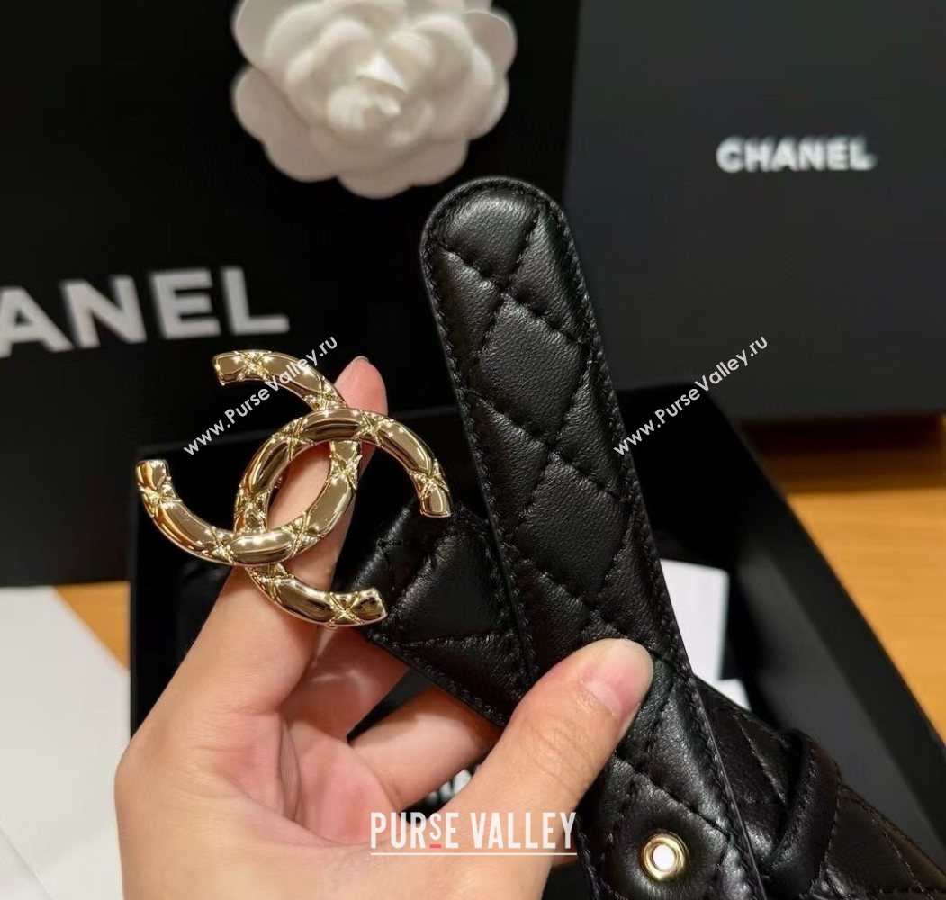 Chanel Black Lambskin Belt 3cm with Quilted CC Buckle Black/Shiny Gold 2025 0617 (99-250617146)