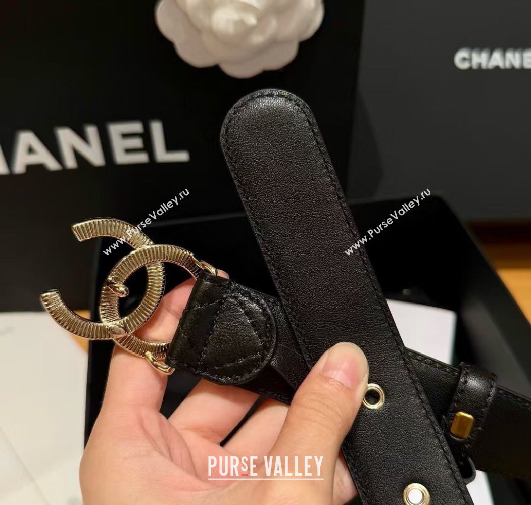 Chanel Black Lambskin Belt 3cm with Quilted CC Buckle Black/Shiny Gold 2025 0617 (99-250617146)