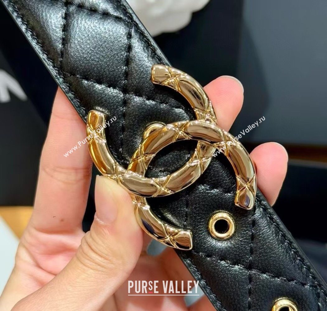 Chanel Black Lambskin Belt 3cm with Quilted CC Buckle Black/Shiny Gold 2025 0617 (99-250617146)