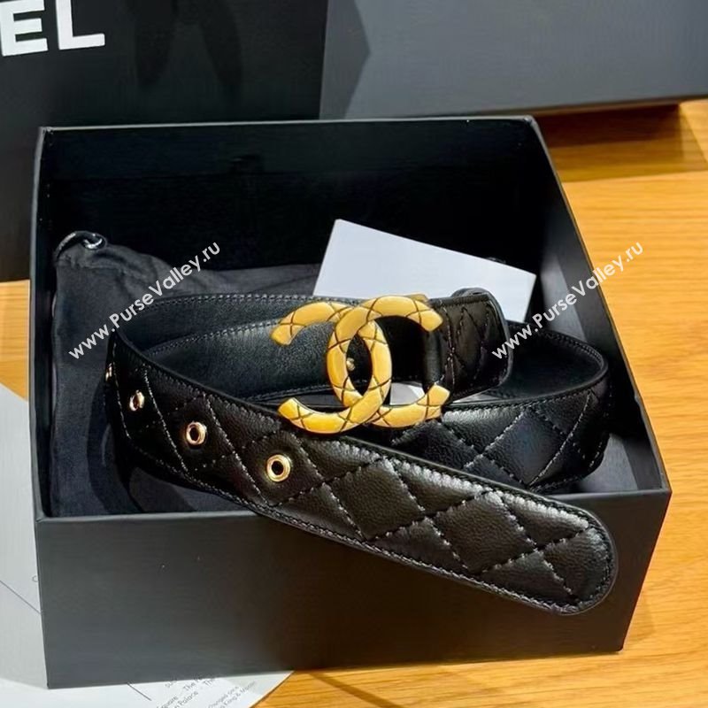 Chanel Black Lambskin Belt 3cm with Quilted CC Buckle Black/Aged Gold 2025 0617 (99-250617147)