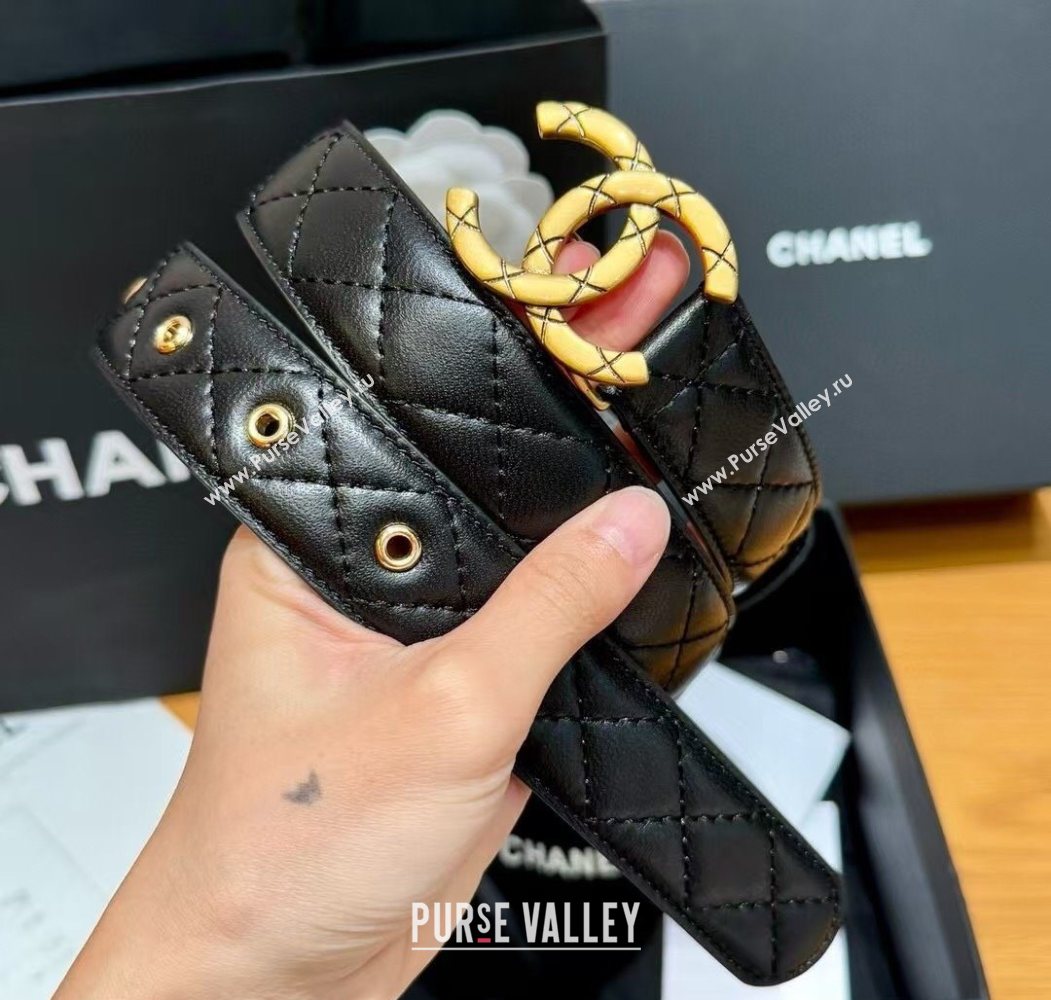Chanel Black Lambskin Belt 3cm with Quilted CC Buckle Black/Aged Gold 2025 0617 (99-250617147)