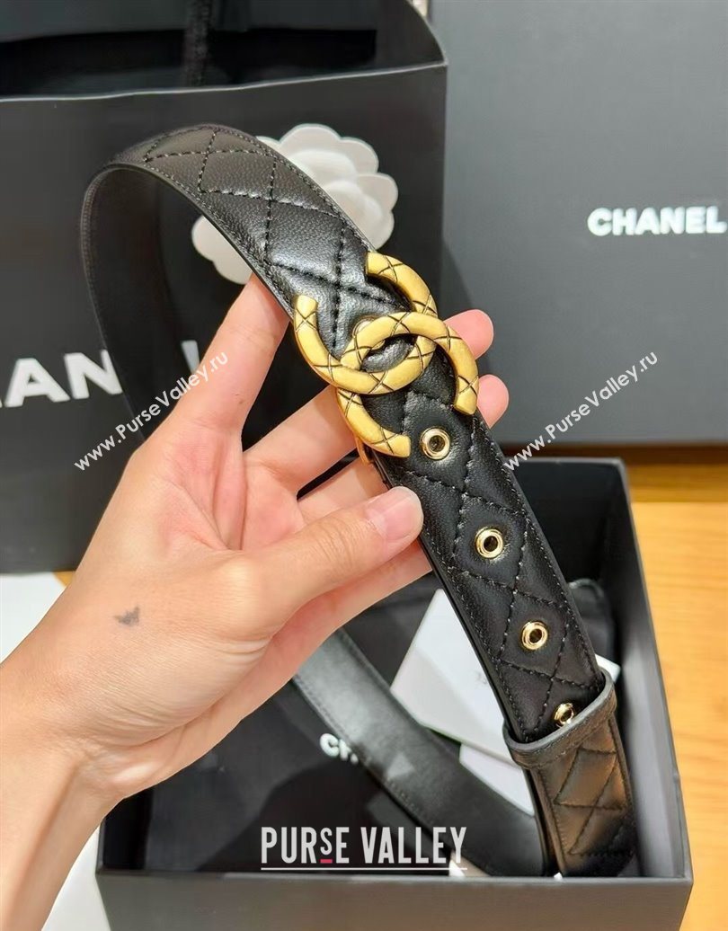 Chanel Black Lambskin Belt 3cm with Quilted CC Buckle Black/Aged Gold 2025 0617 (99-250617147)