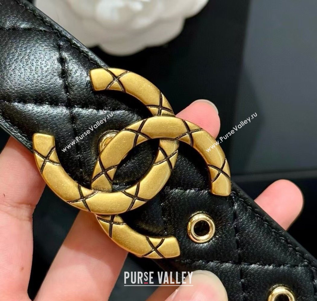 Chanel Black Lambskin Belt 3cm with Quilted CC Buckle Black/Aged Gold 2025 0617 (99-250617147)