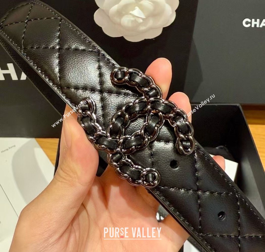 Chanel Black Lambskin Belt 3cm with Gunmetal Chain CC Buckle 2025 0617 (99-250617148)
