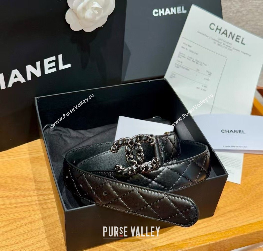 Chanel Black Lambskin Belt 3cm with Gunmetal Chain CC Buckle 2025 0617 (99-250617148)