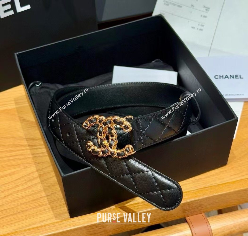 Chanel Black Lambskin Belt 3cm with Gold Chain CC Buckle 2025 0617 (99-250617149)