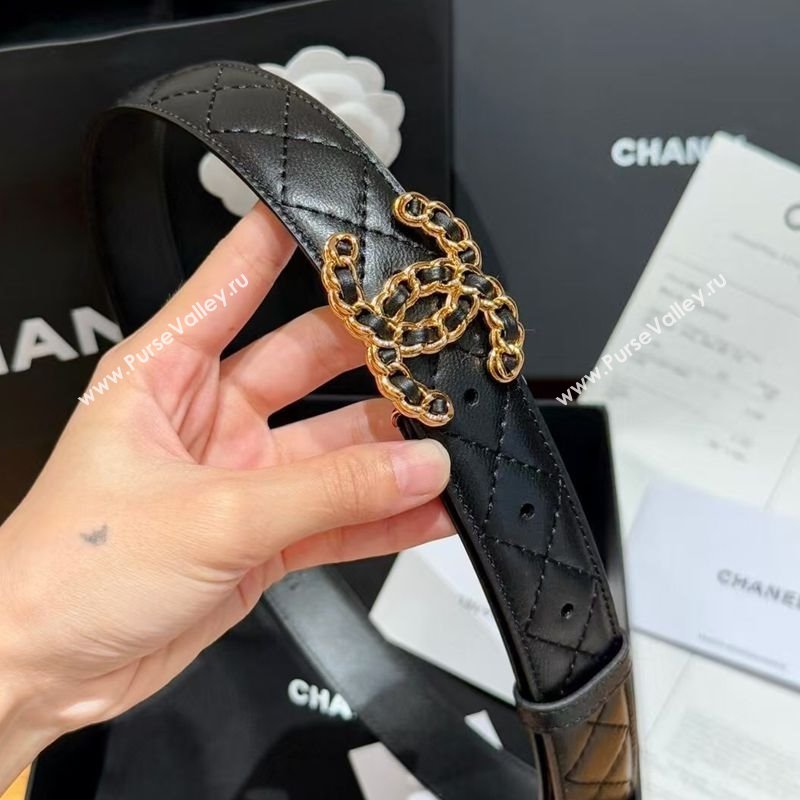 Chanel Black Lambskin Belt 3cm with Gold Chain CC Buckle 2025 0617 (99-250617149)