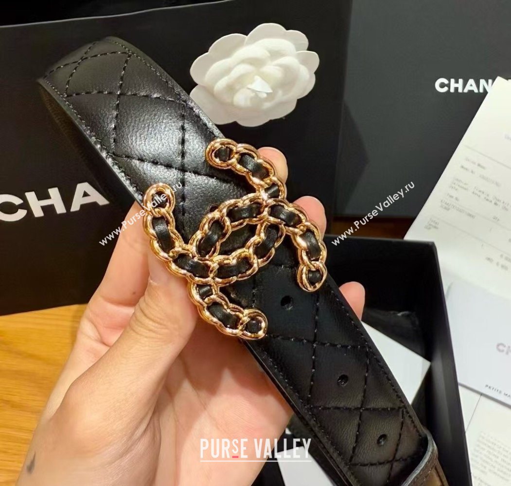 Chanel Black Lambskin Belt 3cm with Gold Chain CC Buckle 2025 0617 (99-250617149)