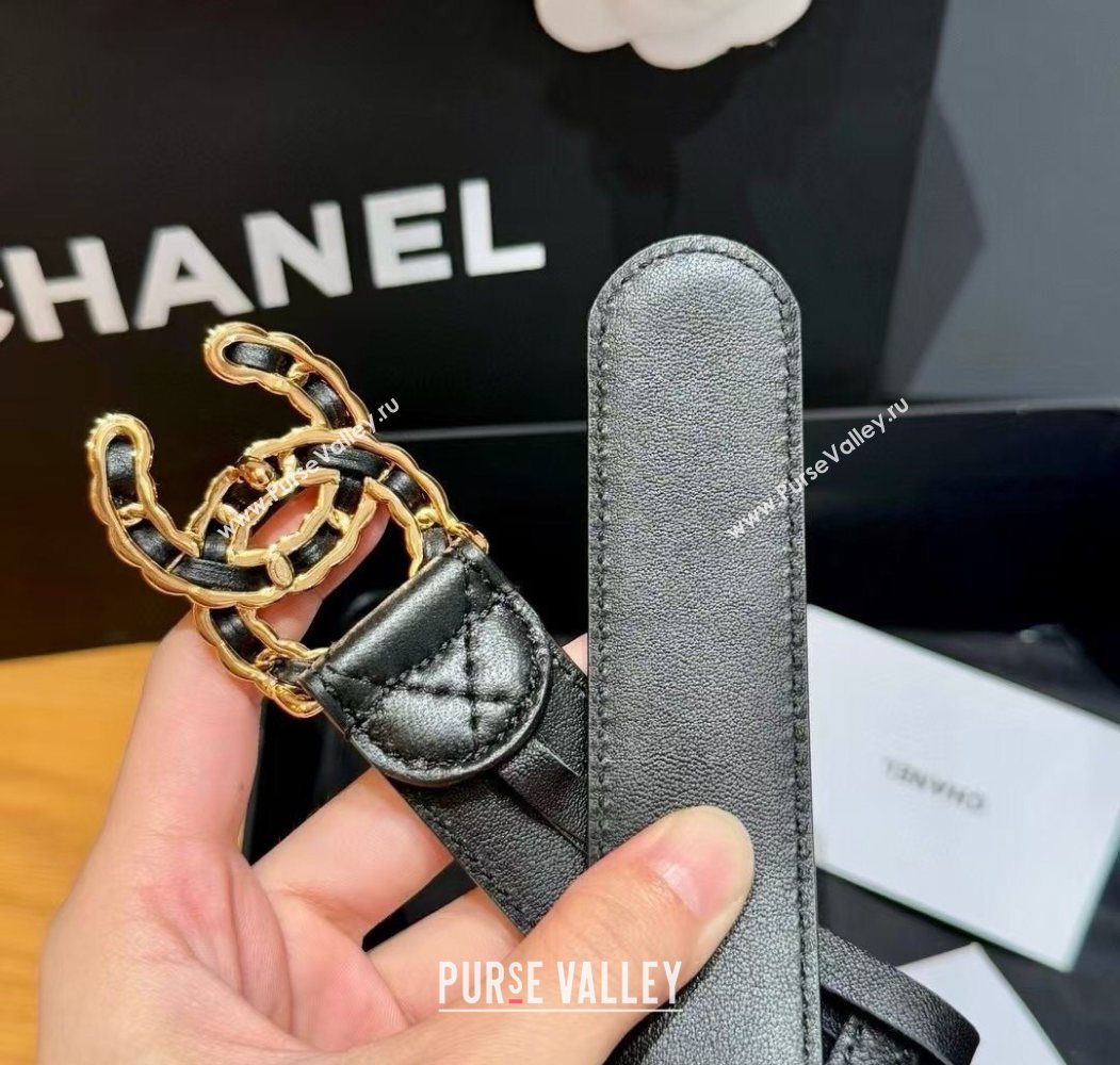 Chanel Black Lambskin Belt 3cm with Gold Chain CC Buckle 2025 0617 (99-250617149)