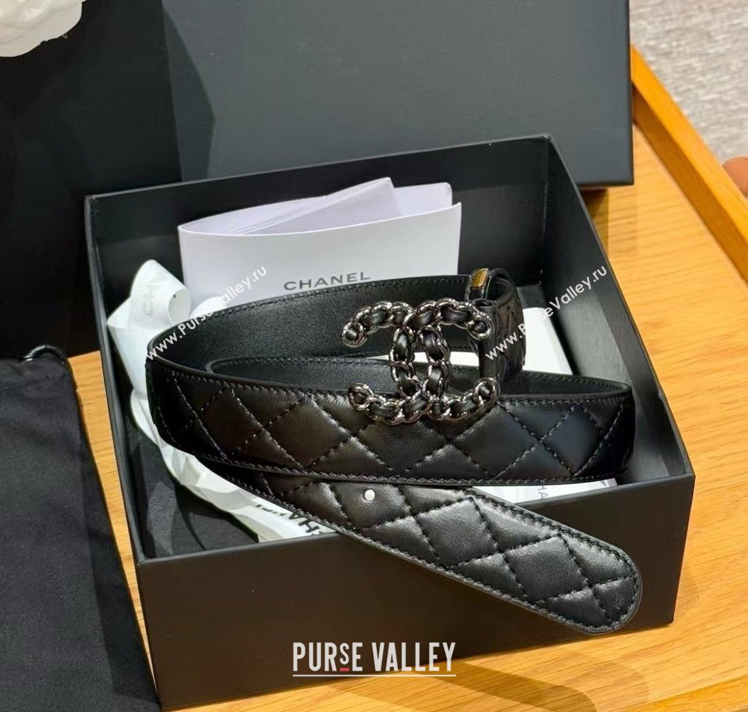 Chanel Black Lambskin Belt 3cm with Chain CC Buckle Black/Silver 2025 0617 (99-250617150)