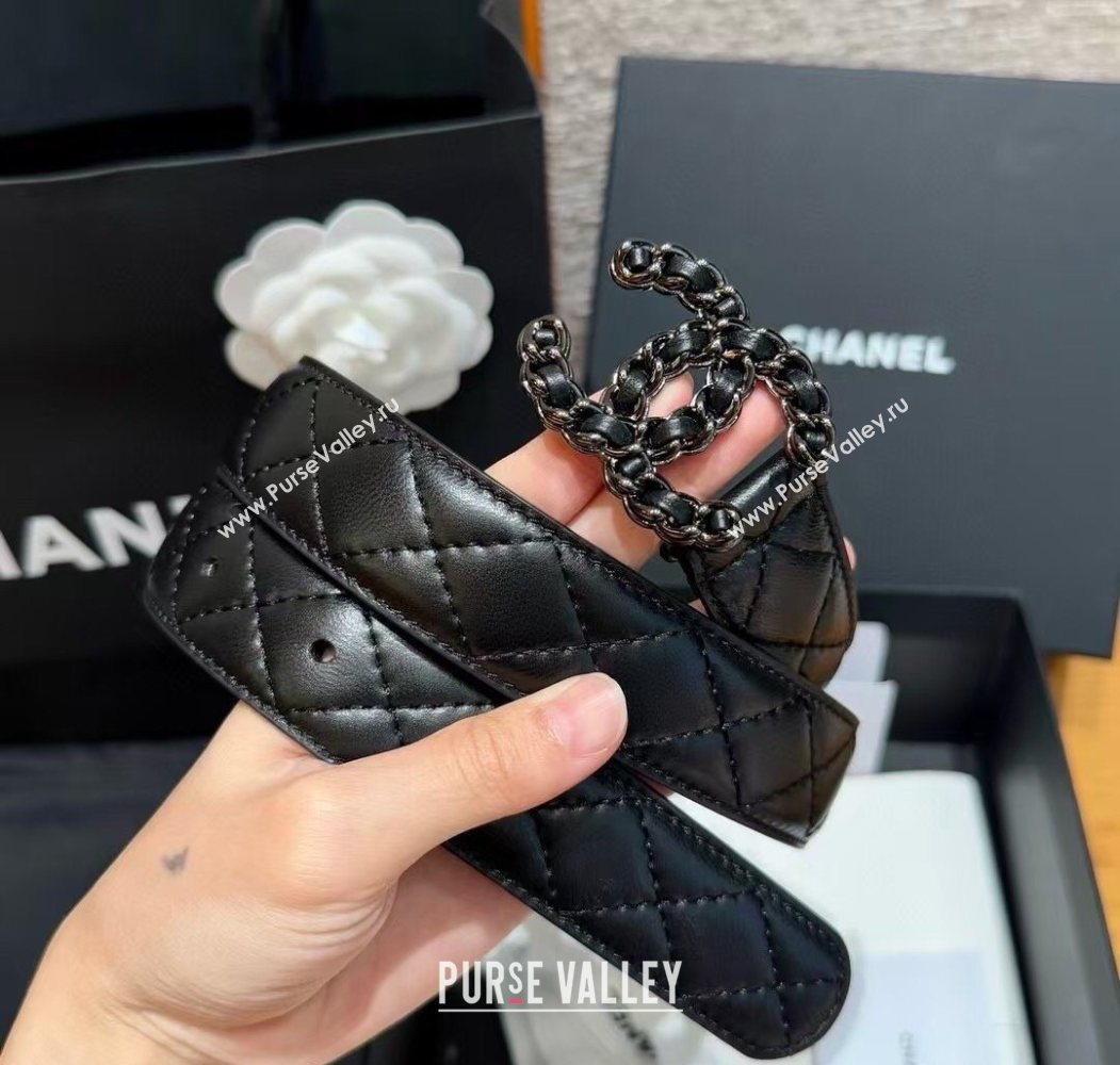 Chanel Black Lambskin Belt 3cm with Chain CC Buckle Black/Silver 2025 0617 (99-250617150)