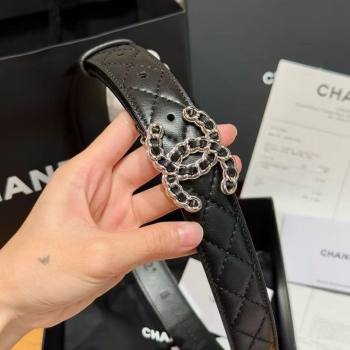Chanel Black Lambskin Belt 3cm with Chain CC Buckle Black/Silver 2025 0617 (99-250617150)
