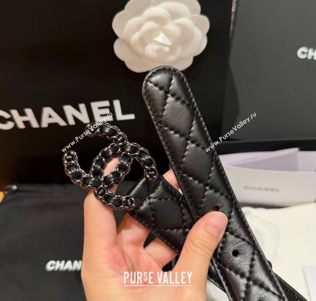 Chanel Black Lambskin Belt 3cm with Chain CC Buckle Black/Silver 2025 0617 (99-250617150)