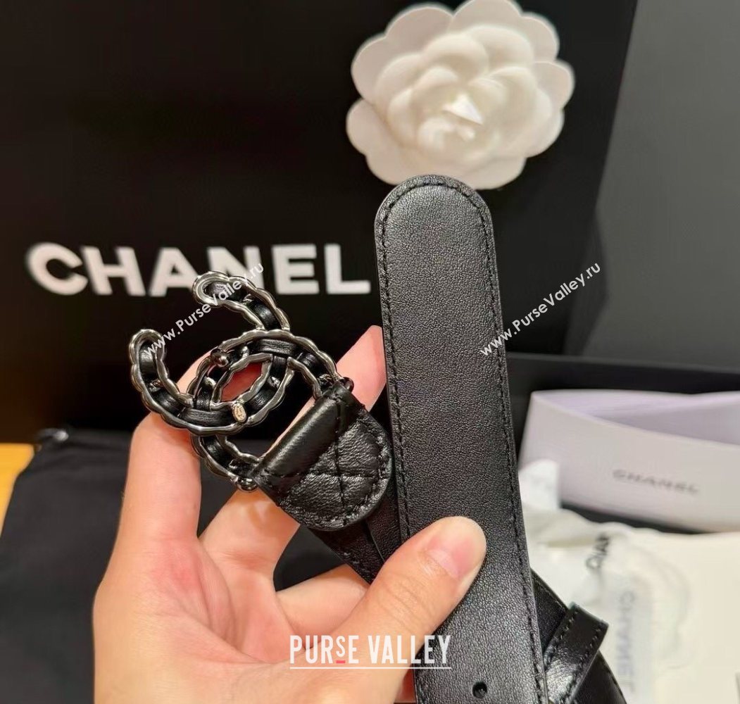 Chanel Black Lambskin Belt 3cm with Chain CC Buckle Black/Silver 2025 0617 (99-250617150)
