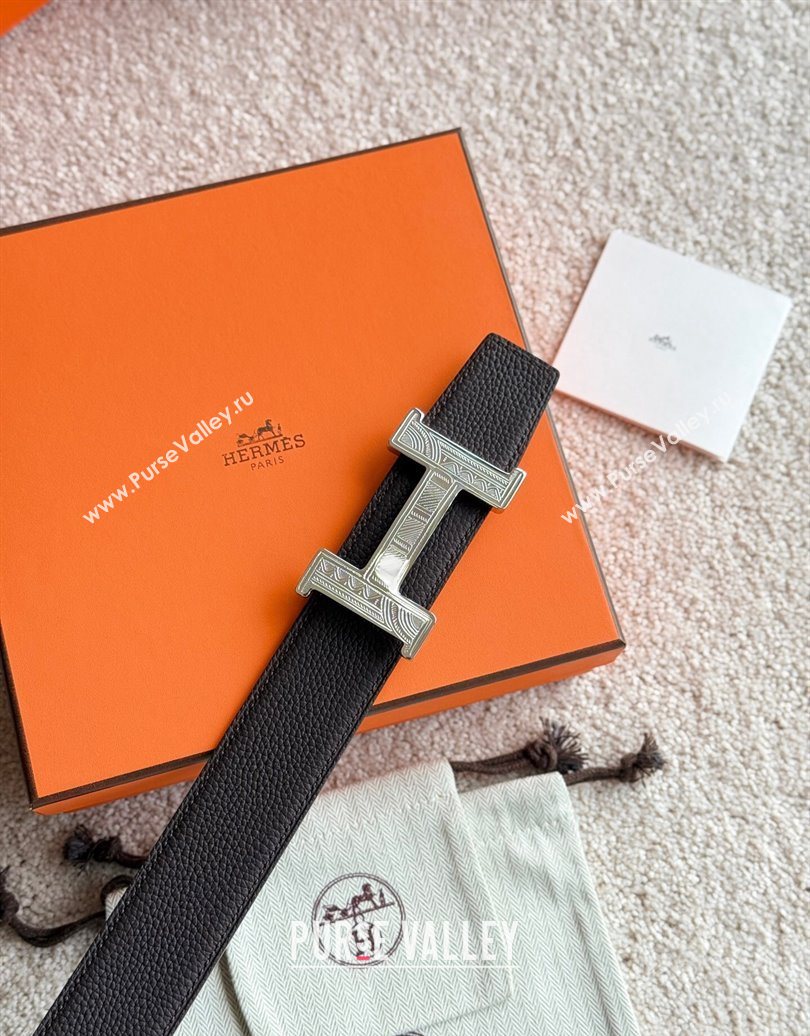 Hermes Mens Constance Touareg Reversible Leather Belt 3.8cm Chocolate 2025 0617 (99-250617102)