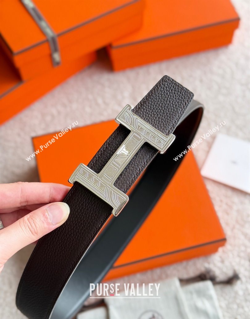 Hermes Mens Constance Touareg Reversible Leather Belt 3.8cm Chocolate 2025 0617 (99-250617102)
