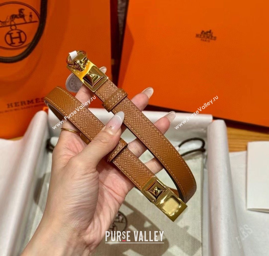 Hermes Womens Rivale Belt 1.8cm with Two Medor Studs and Ring Buckle Brown/Gold 2025 (99-250725031)